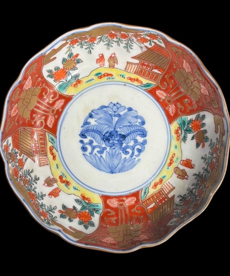 古伊万里 金襴手 赤絵 風景人物草花文図 なます皿 冨貴長春 金彩 丸皿 取り皿 飾り皿 和食器 伊万里 陶器 骨董品 アンティーク