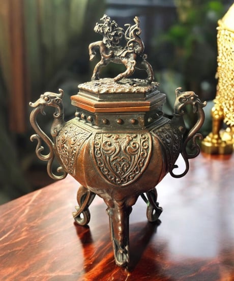 高岡銅器 麒麟 香炉 三足 香道具 美術品 インテリア 置物 陶器 中国 時代物 骨董品 アンティーク