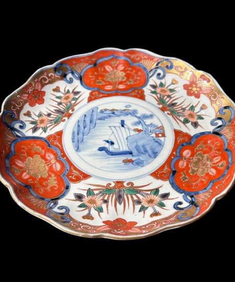 明治時代 古伊万里 金彩 赤絵 菊草花文図 風景 大皿 冨貴長春 取り皿 飾り皿 和食器 陶器 骨董品 アンティーク