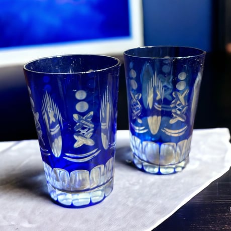 【2客セット】切子グラス 青 冠水瓶 ペアグラス ブルー タンブラー コップ ショットグラス 器 食器 レトロ アンティーク
