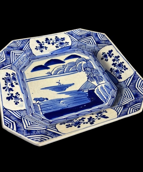 古伊万里 八角絵皿 [山水風景図] 染付 江戸 在銘 大皿 角皿 平皿 取り皿 盛り皿 飾り皿 伊万里 和食器 骨董品 アンティーク