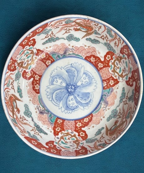古伊万里 大鉢 [雲龍鶴草花文図] 色絵 鉢 丸皿 取り皿 飾り皿 和食器 江戸 伊万里 陶器 骨董品 アンティーク