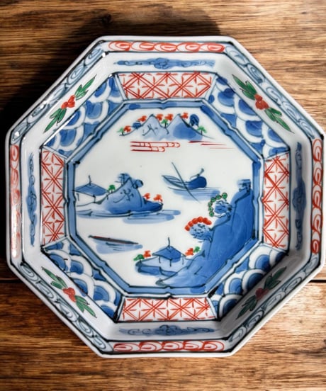 古伊万里 色絵 六角皿 [山水風景絵] 染付 平皿 丸皿 小皿 取り皿 飾り皿 伊万里 有田焼 和食器 骨董品 アンティーク