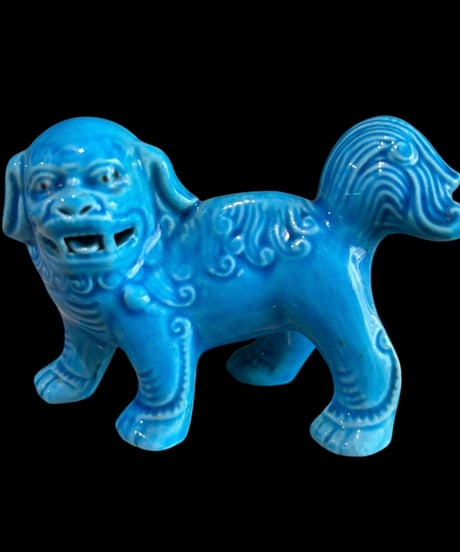 【2体セット】青獅子 ペア 唐獅子 中国 置物 美術品 縁起物 オブジェ 陶磁器 陶器 骨董品 アンティーク