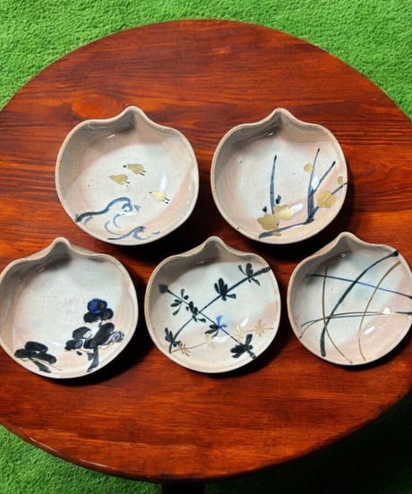 【5客セット】橘吉 図変わり [松竹梅鳥波文絵] 豆皿 小鉢 取り皿 小皿 丸皿 和食器 骨董品 アンティーク
