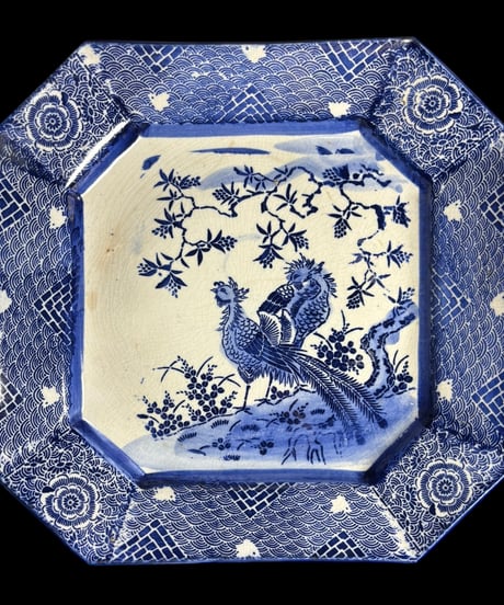古伊万里 八角絵皿 [孔雀草花文図] 染付 年代物 大皿 角皿 平皿 取り皿 盛り皿 飾り皿 伊万里 和食器 骨董品 アンティーク