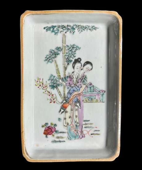 中国美術 美人 粉彩人物絵 清時代 中国雑貨 陶板 磁板 食器 インテリア 時代物 中国 陶器 骨董品 アンティーク