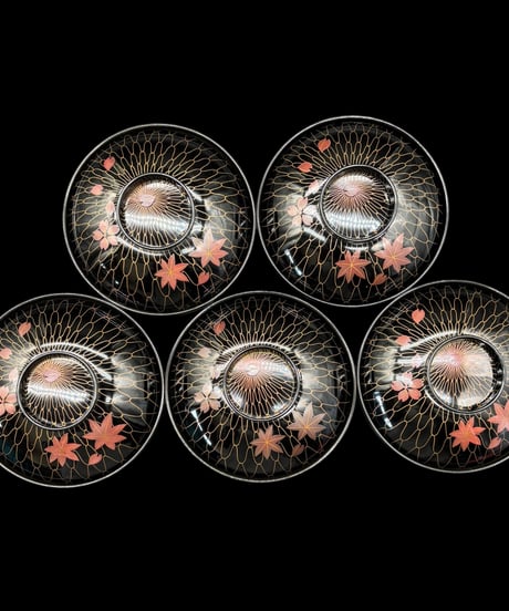 【5客セット】 明治期 蒔絵 朱塗り 吸物椀 茶 桜 紅葉 御汁椀 漆器 塗物 煮物 縁起物 和食器 骨董品 アンティーク
