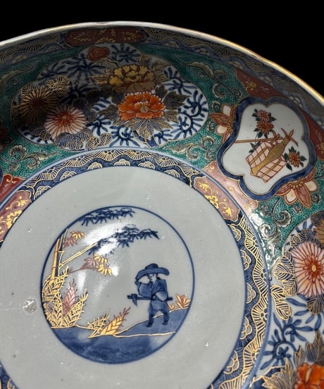 明治期 吉田嶋清作 錦地丼鉢 三ッ組 古伊万里 金彩 色絵 大鉢 人物風景菊文図 盛り皿 飾り皿 古伊万里 古美術 骨董品 アンティーク