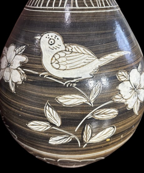 壺 一輪挿し [鳥 草花 文字] 中国雑貨 フラワーベース 花瓶 花入れ 丸壺 花器 陶器 古美術 骨董品 アンティーク