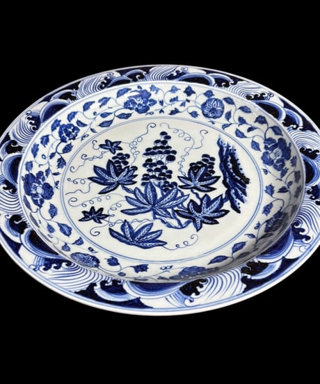 中国陶磁器 大皿 [草花文絵] 染付 丸皿 中国美術 盛り皿 飾り皿 和食器 古美術 骨董品 アンティーク