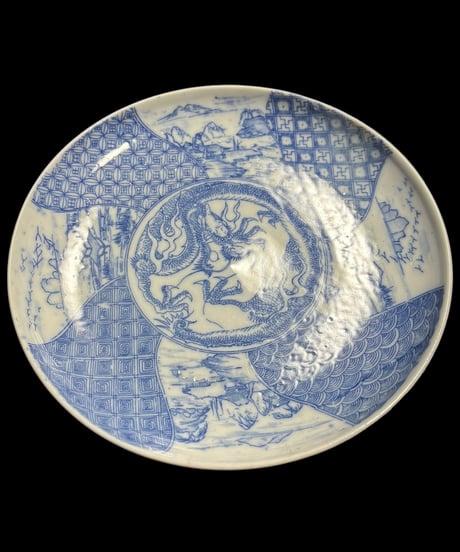 染付 [龍鳥山水 風景絵] 平皿 大皿 印判皿 盛り皿 飾り皿 器 江戸 和食器 骨董品 アンティーク