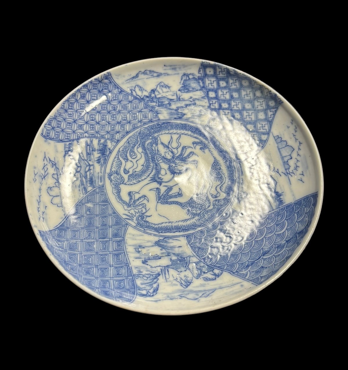 染付 [龍鳥山水 風景絵] 平皿 大皿 印判皿 盛り皿 飾り皿 器 江戸 和