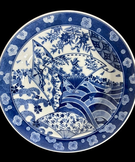 【5枚セット】伊万里 中皿 [草花鳥梅扇紋絵] 染付 盛り皿 飾り皿 平皿 丸皿 器 古伊万里 江戸時代 和食器 骨董品