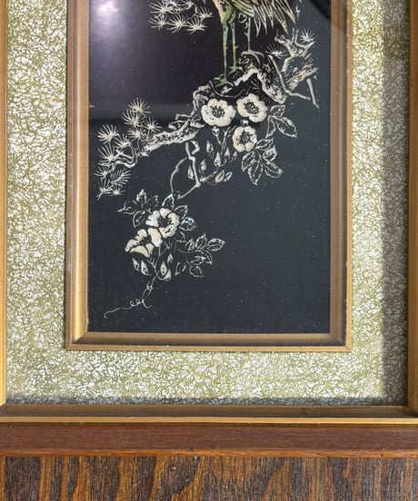螺鈿細工 額装【鶴梅松絵】螺鈿 絵画 韓国美術 壁掛 額 色絵 古美術 アンティーク コレクション