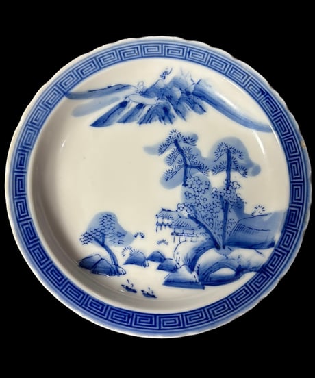 染付 平皿 [梅松山水風景絵] 中皿 取り皿 盛り皿 飾り皿 和食器 骨董品 アンティーク