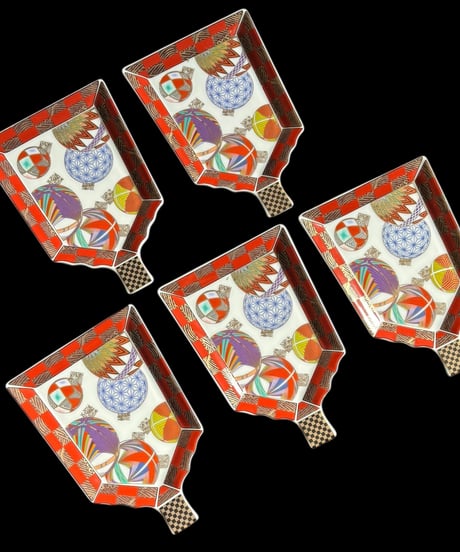 【5客セット】美濃焼 庫山窯 羽子板 手鞠市松 金彩 小皿 色絵 銘々皿 陶器 旅館 和食器 骨董品