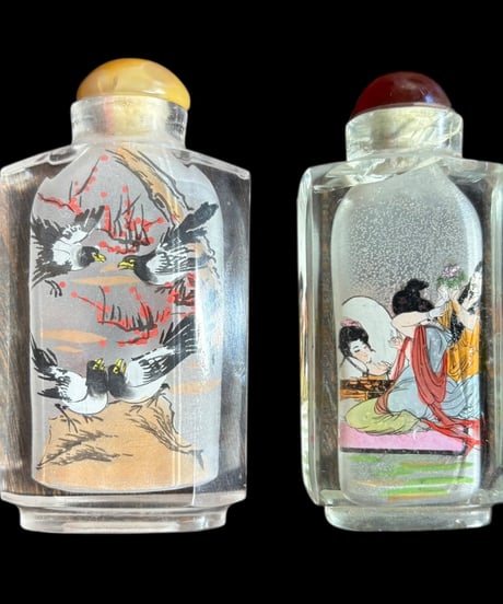 【2個セット】 鼻煙壺 中国美術 伝統工芸 中国 小瓶 鶴 インテリア 置物 工芸品 骨董品 アンティーク