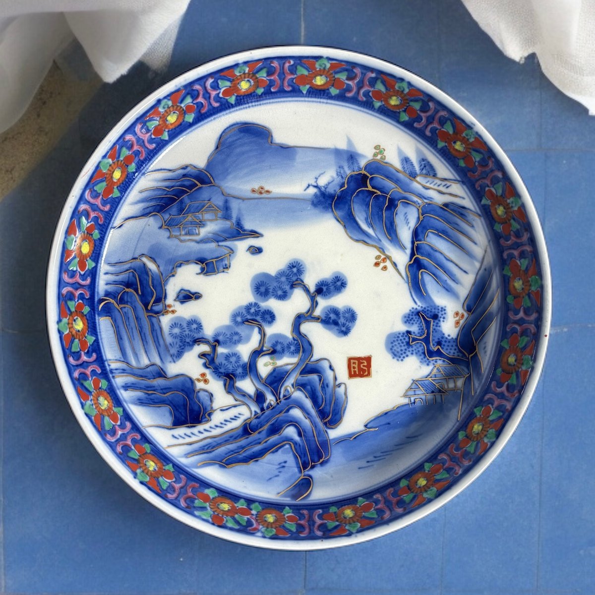 伊万里 金彩 赤絵 縁高鉢 [松竹梅風景絵] 染付 盛り皿 飾り皿 丸