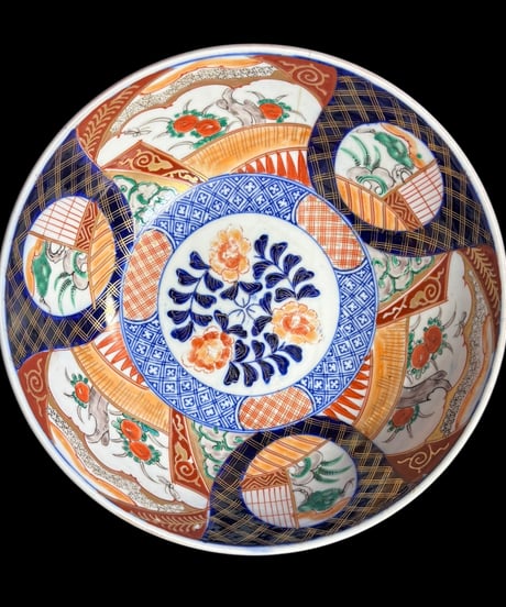 【現品限り!!】伊万里 大鉢 青 [窓絵松竹梅草花文] 金彩 赤絵 色絵 鉢 丸皿 盛り皿 飾り皿 古伊万里 古美術 明治 和食器 骨董品 アンティーク