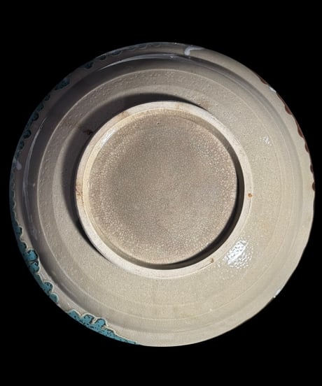 益子焼 柿釉青磁 十字文 装飾皿 大皿 丸皿 盛り皿 飾皿 古美術 和食器 時代物 骨董品 アンティーク