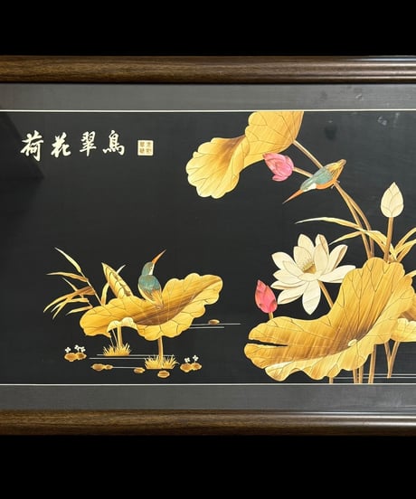 中国現地買入 おしどり 切り絵 貼り絵 中国 鴛鴦 蓮 風景 額 版画 アート イラスト 美術品 中国雑貨 コレクション 骨董品 アンティーク