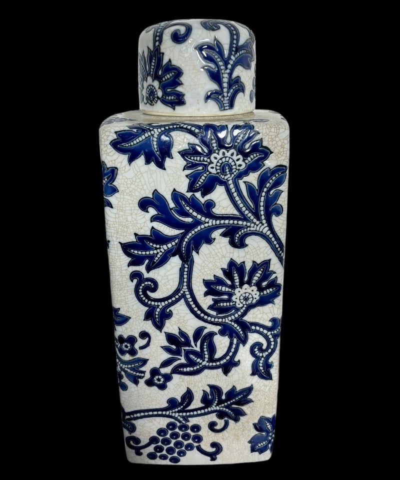 フローラル 花瓶 スクエア ジンジャー フタ付き クラックルスタイル