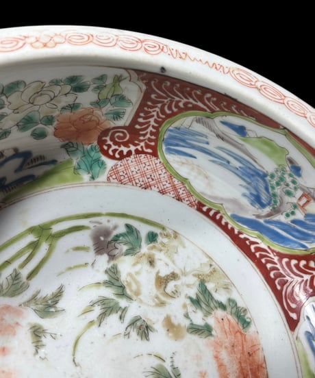 古伊万里 大鉢 福 窓絵風景草花文図 明治 盛り鉢 色絵 鉢 取り皿 飾り皿 和食器 陶器 伊万里 骨董品 アンティーク