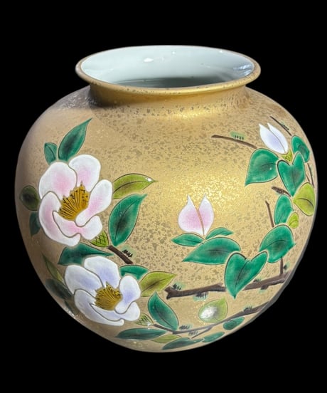 九谷 光陽 金襴手 花瓶 椿 九谷焼 フラワーベース 花入れ 丸壺 花器 陶器 古美術 レトロ 骨董品 アンティーク