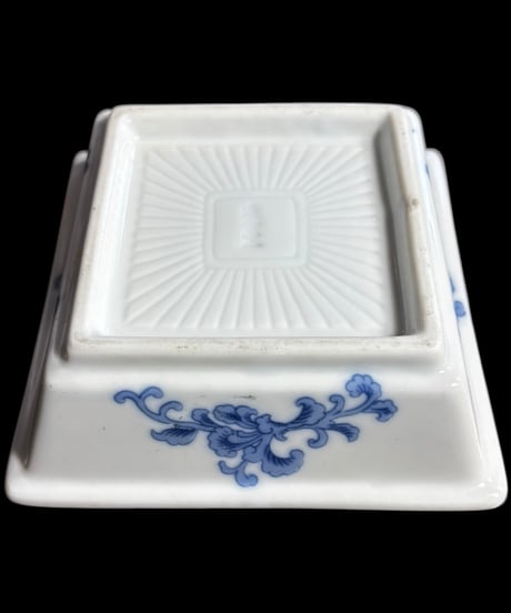 【2客セット】染付 四角皿 [草花文絵] 小鉢 取り皿 盛り皿 飾り皿 和食器 骨董品 アンティーク