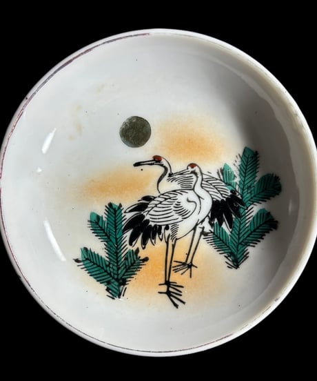 【2客セット】色絵 鶴 松 夕日 小皿 取り皿 盛り皿 飾り皿 和食器 骨董品 アンティーク