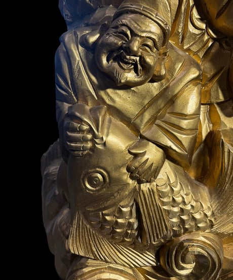 黄金 木彫り 恵比寿×大黒天 七福神 恵比寿様 大黒様 開運 縁起物 彫刻 仏像 古美術 オブジェ 骨董品 アンティーク