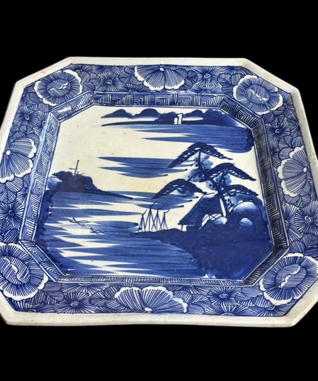 古伊万里 八角絵皿 [山水風景図] 染付 年代物 大皿 角皿 平皿 取り皿 盛り皿 飾り皿 伊万里 和食器 骨董品 アンティーク