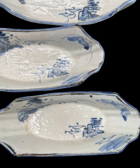 【7客セット】 手描き 舟型鉢 山水風景図 小鉢 裏印 丸皿 取り皿 時代物 和食器 陶器 骨董品 アンティーク