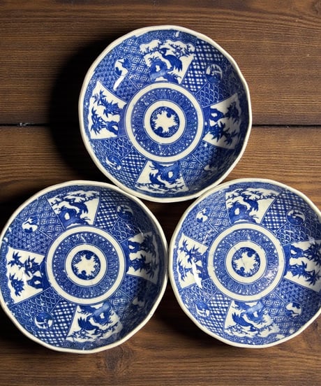 骨董品  アンティーク  大皿  年代物 アンティーク」明治大正 染付なます皿 牡丹モチーフ