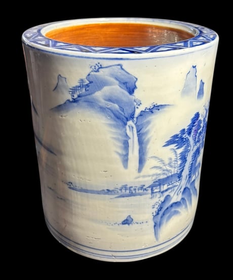 明治期 染付 火鉢 山水風景図 火鉢 陶器 時代物 古道具 骨董品 アンティーク