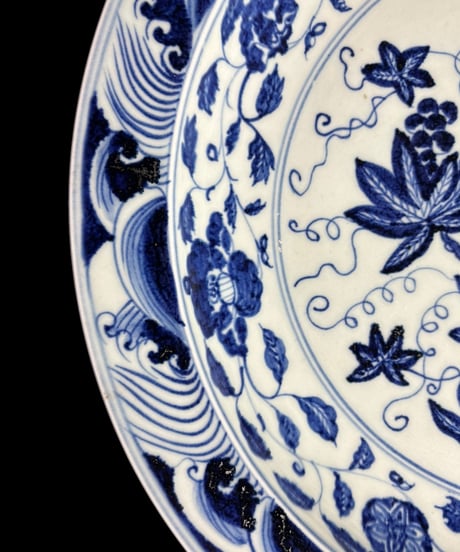 中国陶磁器 大皿 [草花文絵] 染付 丸皿 中国美術 盛り皿 飾り皿 和食器 古美術 骨董品 アンティーク