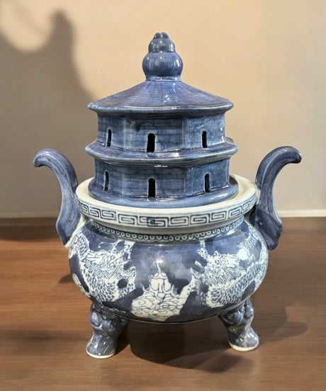 染付 龍 三足 香炉 香道具 美術品 インテリア 置物 陶器 中国 時代物 骨董品 アンティーク
