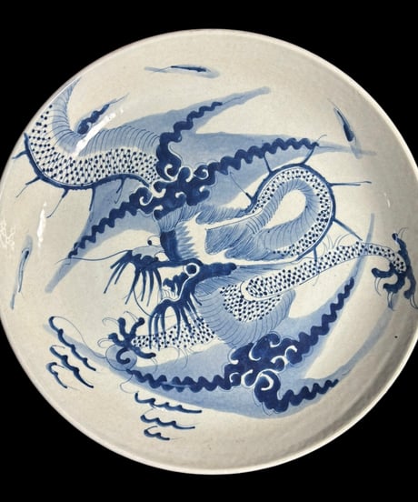 染付 青花 清末【雲龍】五爪龍 大皿 丸皿 清 中国美術 盛り皿 飾り皿 和食器 古美術 骨董品 アンティーク