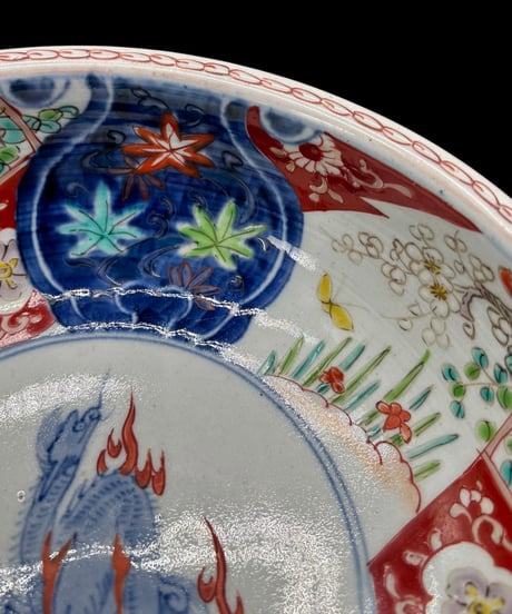 【2客セット】 明治期 古伊万里 色絵 大鉢 麒麟草花梅蝶図 鉢 伊万里 古美術 和食器 骨董品 アンティーク