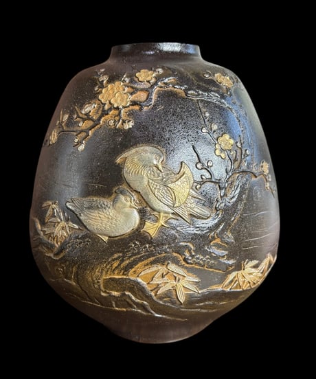 青銅 花瓶 龍仙作 梅鳥図 陶芸 おしどり 花 フラワーベース 壺 花入れ 丸壺 花器 陶器 作家物 古美術 骨董品 アンティーク