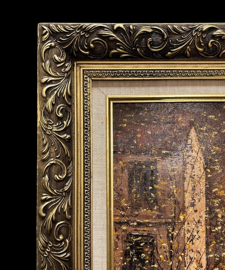 油絵 ヨーロッパの街並み 街灯 金額 風景 油彩 額装 額 壁掛 絵画 色絵 雑貨 インテリア アンティーク コレクション