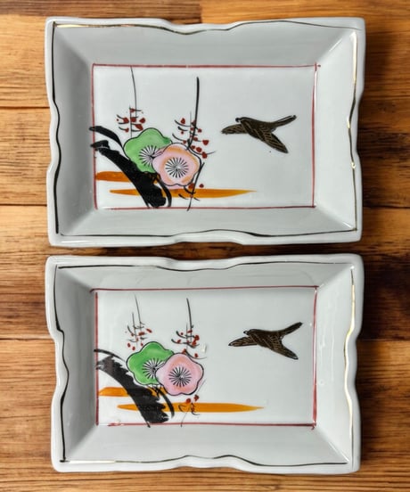 【2客セット】色絵 四角皿 [梅 鳥 夕焼け] 時代物 角皿 変形皿 小皿 取り皿 盛り皿 飾り皿 レトロ 昭和初期 和食器 骨董品 アンティーク