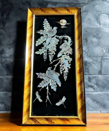 螺鈿細工 額装【鳥月トンボ草花絵】螺鈿 絵画 韓国美術 壁掛 額 色絵 古美術 アンティーク コレクション