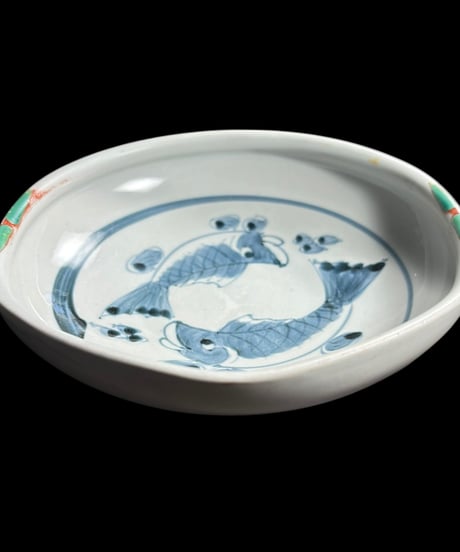 【2客セット】染付 丸皿 [魚絵] 青 時代物 小皿 取り皿 盛り皿 飾り皿 レトロ 和食器 骨董品 アンティーク
