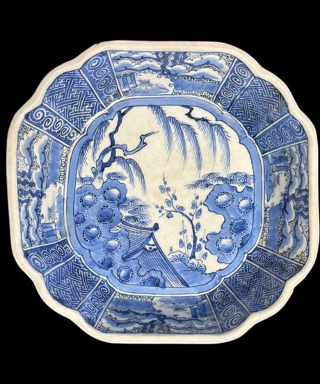 古伊万里 大鉢 草花風景文図 盛り鉢 色絵 鉢 取り皿 飾り皿 和食器 陶器 伊万里 骨董品 アンティーク