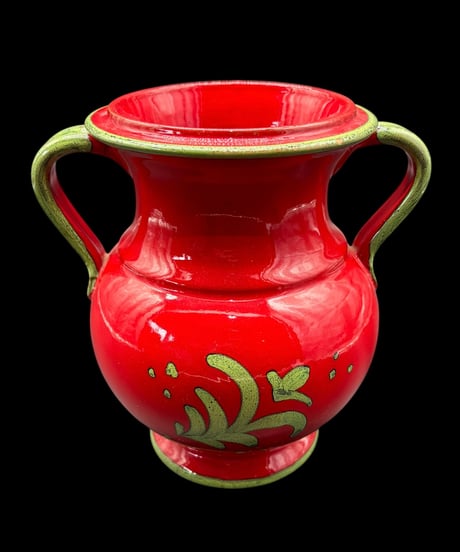 イタリア製 手描き 花柄 花瓶 レッド フラワーベース 花入れ 花器 陶器 インテリア 骨董品 アンティーク