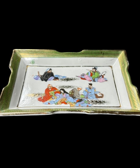 【2客セット】色絵 四角皿 [粉彩 人物絵] 時代物 角皿 変形皿 小皿 取り皿 盛り皿 飾り皿 レトロ 昭和初期 和食器 骨董品 アンティーク