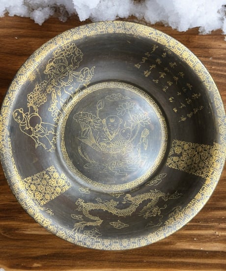 中国雑貨 銅盆地 [龍 蓮 鯛 人物 風雲] ボウル 盆地 洗浄 中国 レトロ 骨董品 アンティーク
