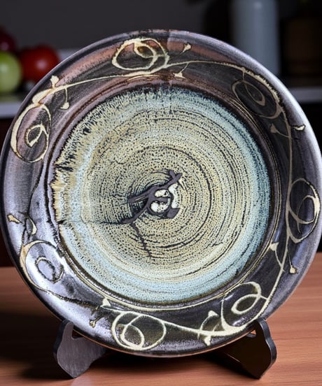 民藝益子焼 飾り皿 皿立て付 作家物 益子焼 丸皿 郷土民芸品 時代物 陶器 和食器 骨董品 アンティーク